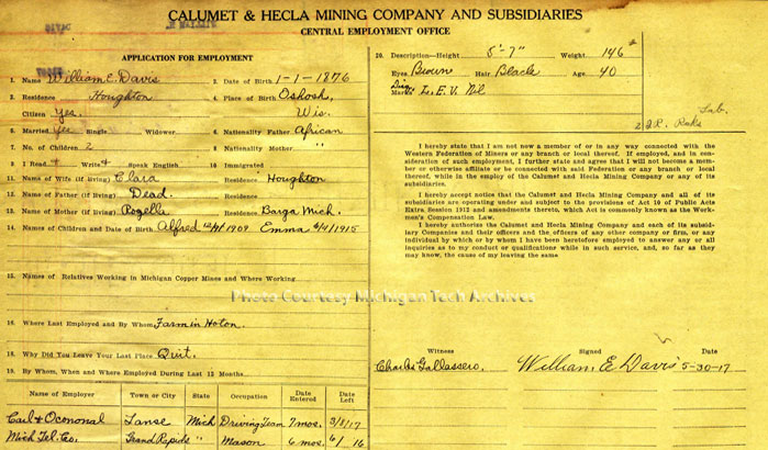 Calumet & Hecla Mining Company employee card for William E. Davis