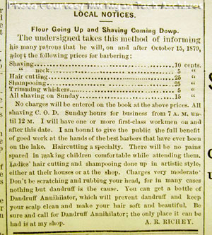 Newspaper advertisement for A. R. Richey’s barber shop